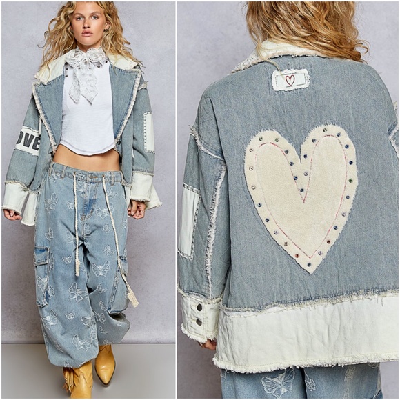 POL Light Wash Print Studded Heart Patch Button Down Frayed Denim Jacket - Picture 2 of 8